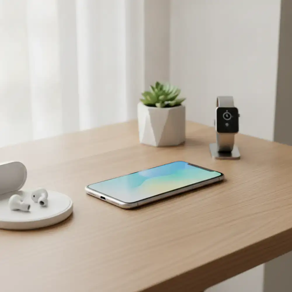 Setup minimalista com smartphone e acessórios modernos