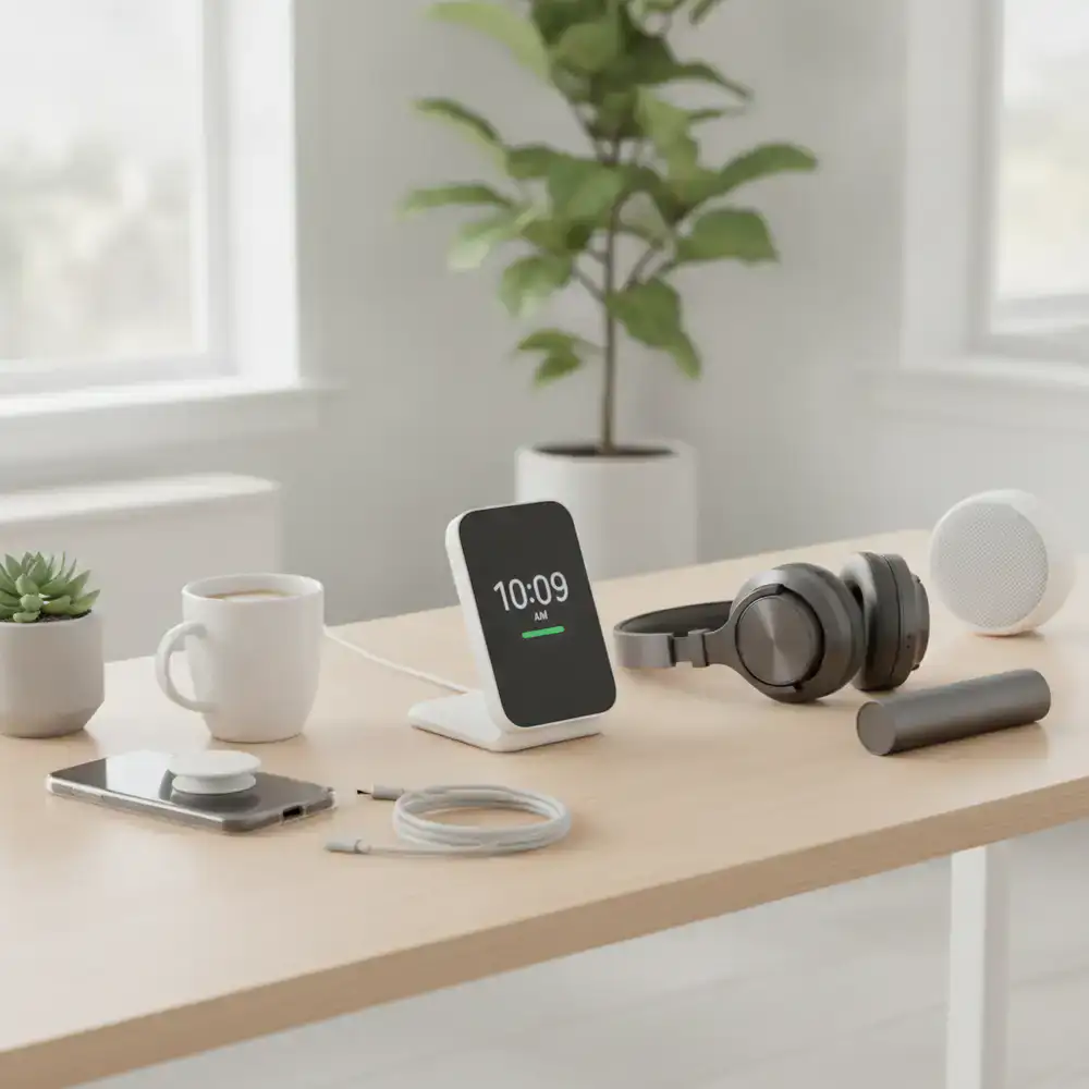Acessórios modernos para smartphone sobre uma secretária minimalista